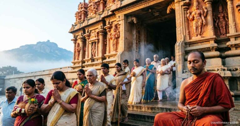 Devotees at Arunachaleswarar Temple, Tiruvannamalai during darshan hours.