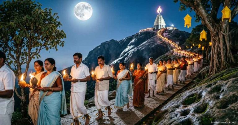 Pilgrims walking around Arunachala hill at night during Giri Pradakshina.