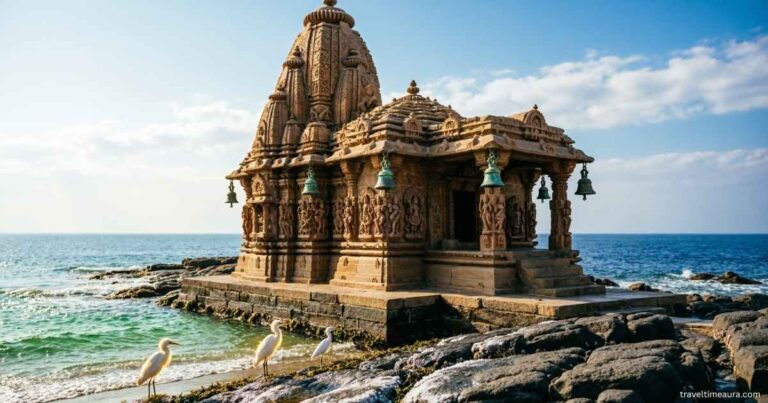 Bet Dwarka Temple on a coastal island with sea view.