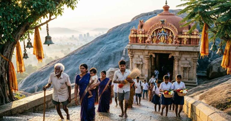 Devotees heading toward Chamundeshwari Temple on Chamundi Hill.