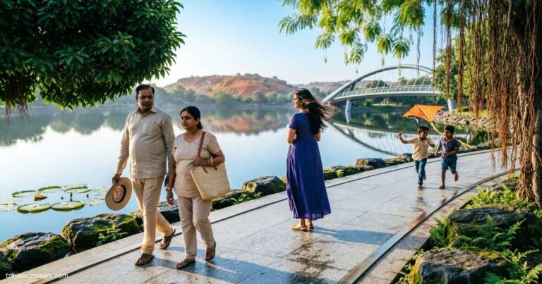 People walking along a lakeside path at Durgam Cheruvu Park with greenery and rocks.