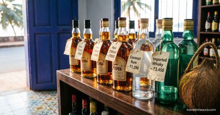 “Liquor bottles with price tags on a store shelf in Goa.”