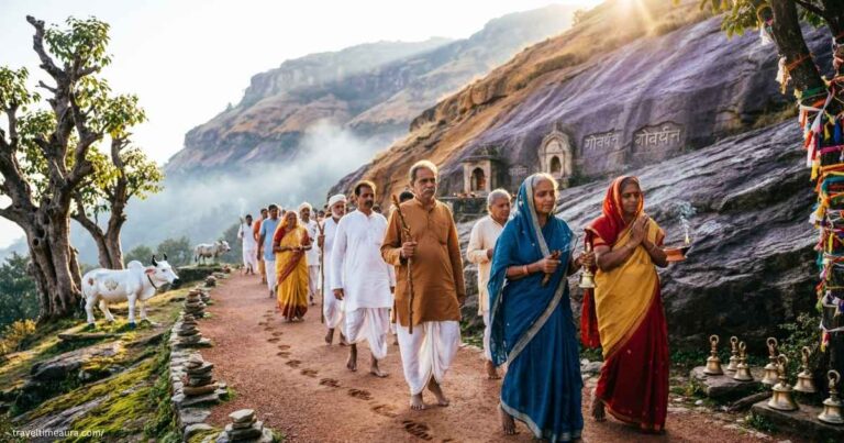 Pilgrims walking the Govardhan Parikrama route around Govardhan Hill.