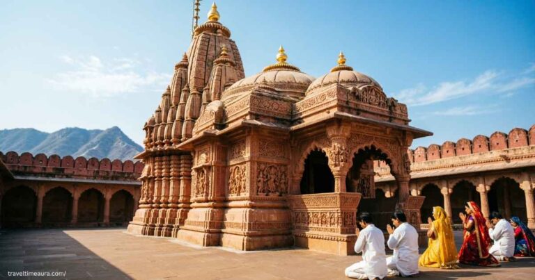 Govind Dev Ji Temple in Jaipur with traditional sandstone architecture and devotees in the courtyard.