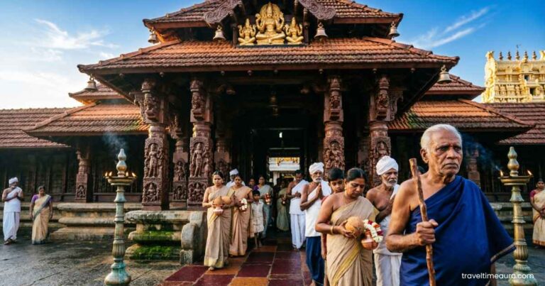 Guruvayur Temple in Kerala showing traditional architecture and devotees at the entrance.
