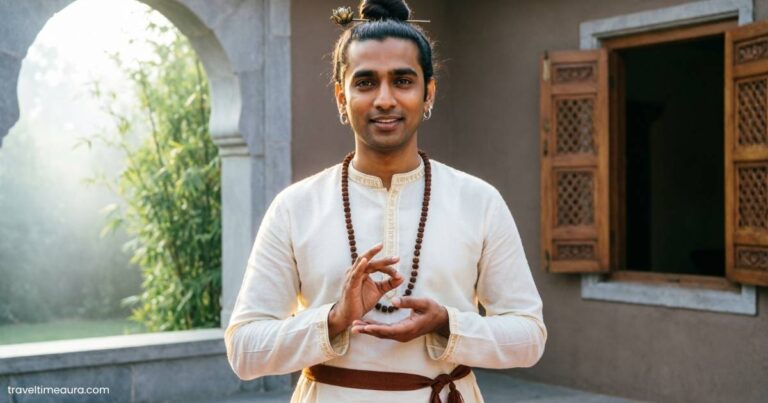 “Indresh Ji Maharaj speaking in traditional attire, a young spiritual storyteller from India.”