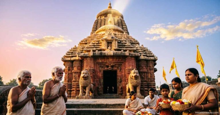 Jagannath Temple Puri at sunrise with devotees outside.