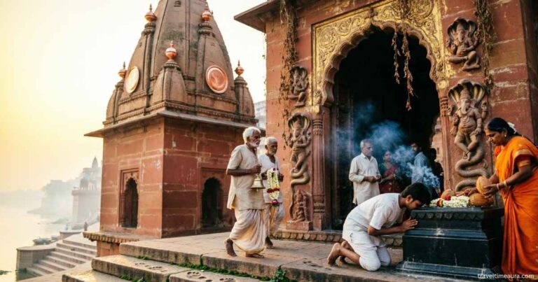 Kal Bhairav Temple in Varanasi with devotees at the entrance.