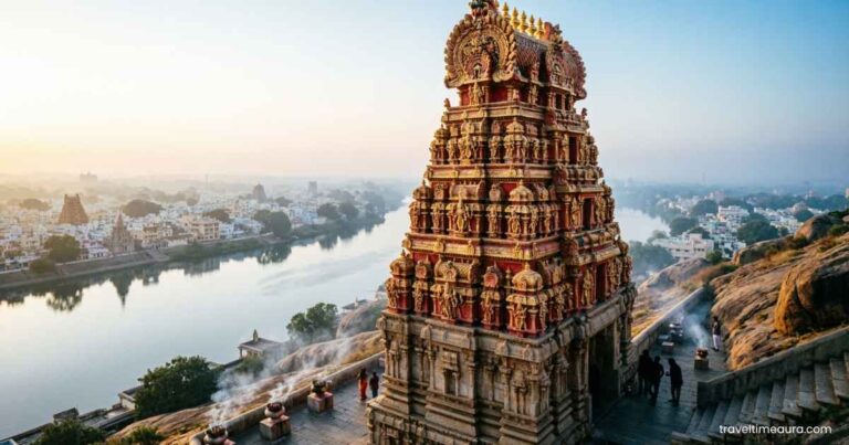 Kanaka Durga Temple on a hill overlooking Vijayawada.