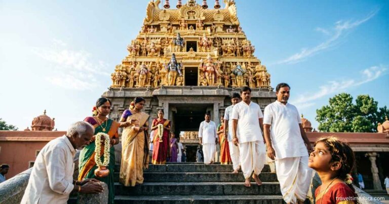 Golden gopuram of Kanchi Kamakshi Temple with devotees at the entrance.