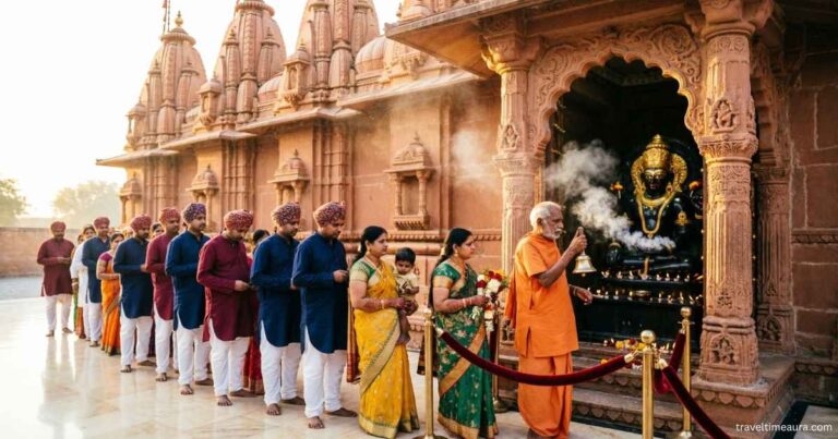 Devotees in VIP darshan queue at Khatu Shyam Ji Temple for closer shrine view.