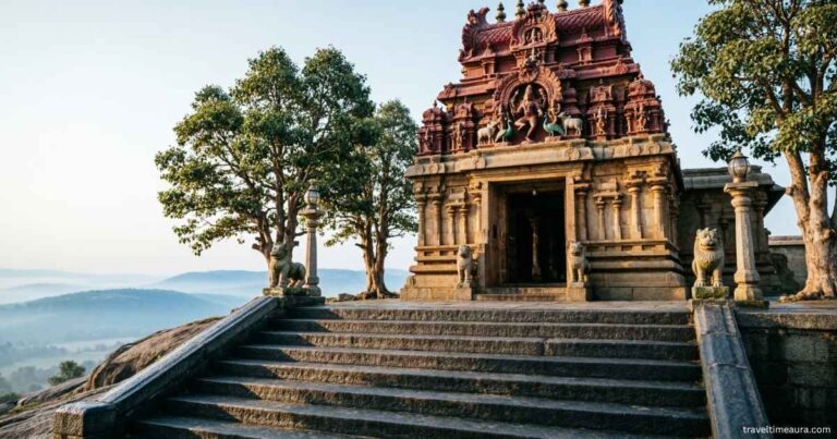 Hilltop Dravidian-style temple of Lord Murugan at Kundrathur with stone architecture and steps leading upward.