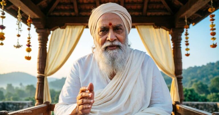 Morari Bapu speaking at a religious gathering.