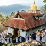 A hilltop view of Sabarimala Temple in Kerala surrounded by dense forest with pilgrims gathered for darshan.