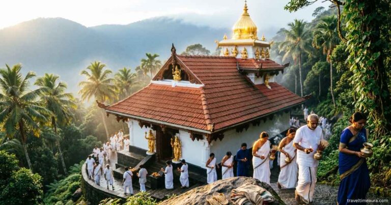 A hilltop view of Sabarimala Temple in Kerala surrounded by dense forest with pilgrims gathered for darshan.