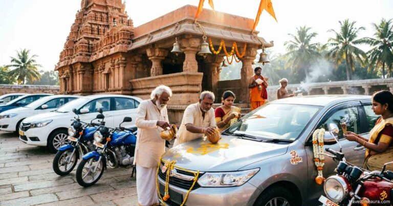 Devotees performing vehicle pooja with cars and bikes outside a temple.