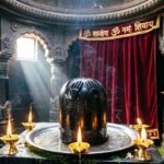 Inner sanctum of Mahakaleshwar Jyotirlinga Temple with Shiva lingam during darshan.