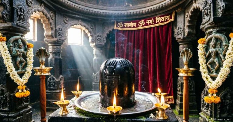 Inner sanctum of Mahakaleshwar Jyotirlinga Temple with Shiva lingam during darshan.