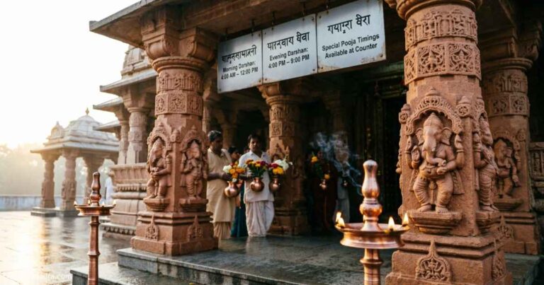 Ambaji Temple image representing darshan timing information.