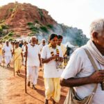 Pilgrims walking around Arunachala Hill during Giri Pradakshina near Arunachalesvara Temple in Tiruvannamalai.