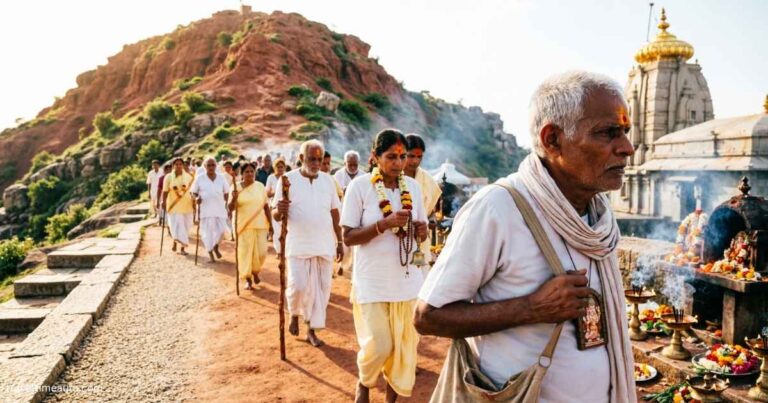 Pilgrims walking around Arunachala Hill during Giri Pradakshina near Arunachalesvara Temple in Tiruvannamalai.