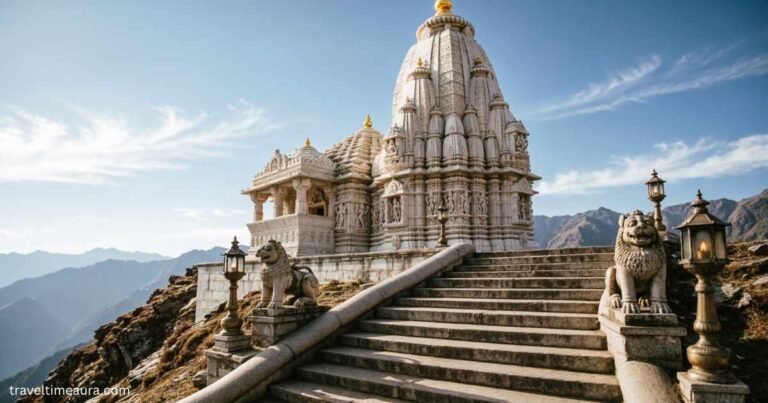 White hilltop Hindu temple of Babulnath Temple with steps leading up.