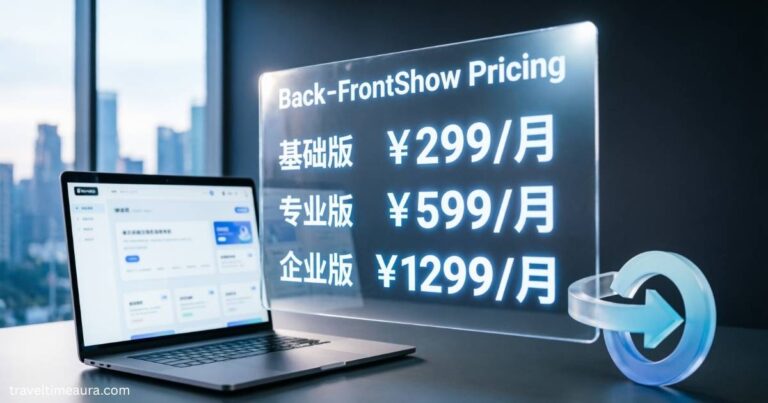 Laptop beside a glowing Back-FrontShow pricing display with monthly SaaS subscription plans.