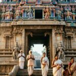Balkampet Yellamma Temple entrance with traditional South Indian architecture and devotees.