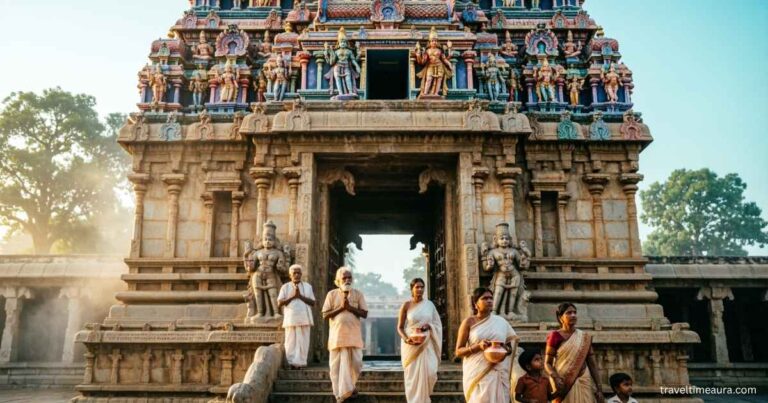 Balkampet Yellamma Temple entrance with traditional South Indian architecture and devotees.