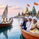 Boats carrying pilgrims to Bet Dwarka temple across calm sea.