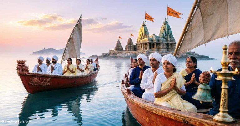 Boats carrying pilgrims to Bet Dwarka temple across calm sea.
