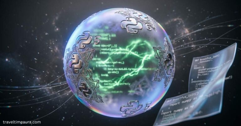 Futuristic Python sphere with glowing code and digital effects.