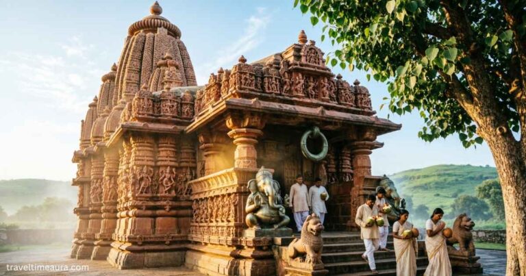Dharmasthala Manjunatha Temple exterior with traditional architecture and devotees.