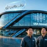 Futuristic Droven.io tech concept with glowing digital interfaces in a U.S. innovation theme.