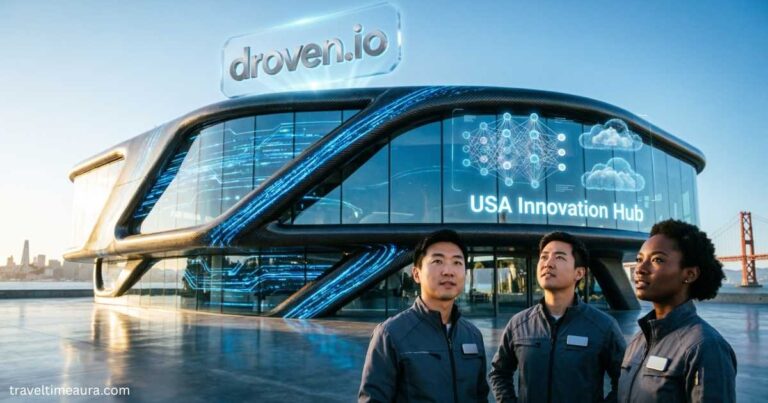 Futuristic Droven.io tech concept with glowing digital interfaces in a U.S. innovation theme.