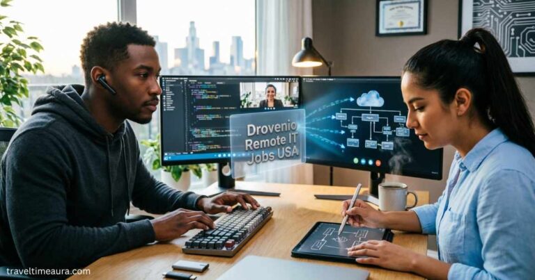 Remote IT jobs in the USA with tech workers collaborating online.
