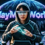 Futuristic gamer using holographic controls in the PlayMyWorld virtual gaming universe.