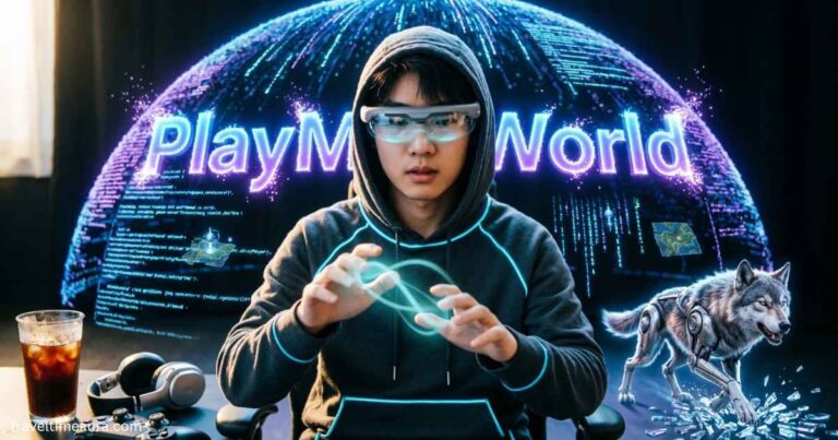 Futuristic gamer using holographic controls in the PlayMyWorld virtual gaming universe.