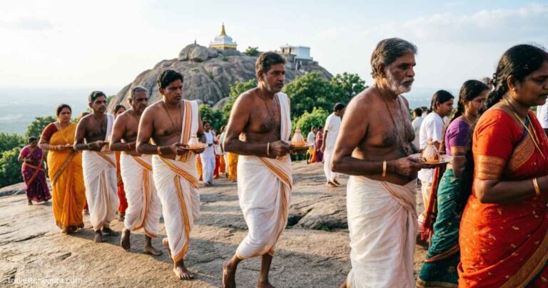Pilgrims walking barefoot around Arunachala Hill during Giri Pradakshina.