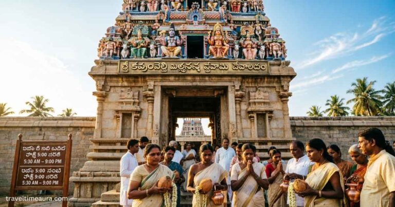 Komuravelli Mallanna Temple entrance with devotees.