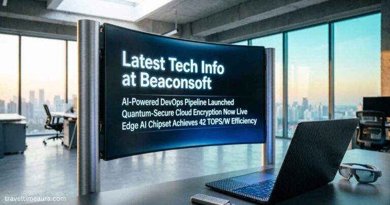 Modern office display showing the latest tech updates at Beaconsoft