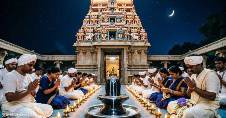 Worshippers praying during Maha Shivaratri at a Shiva temple.
