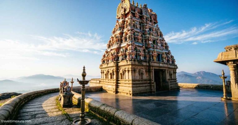 Hilltop view of Arulmigu Dhandayuthapani Swamy Temple in Palani with temple structure and sky backdrop.