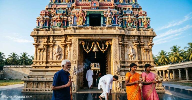 Penuganchiprolu Temple entrance with traditional South Indian architecture and devotees.