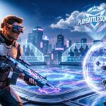 Futuristic players battle in a neon-lit virtual gaming arena.
