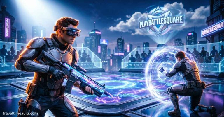 Futuristic players battle in a neon-lit virtual gaming arena.