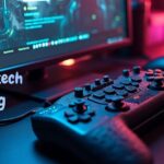 Gaming controller with neon-lit gaming setup and monitor.