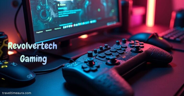 Gaming controller with neon-lit gaming setup and monitor.