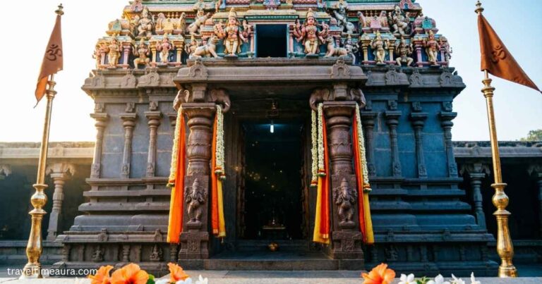 Entrance of Tadbund Hanuman Temple with traditional temple architecture.