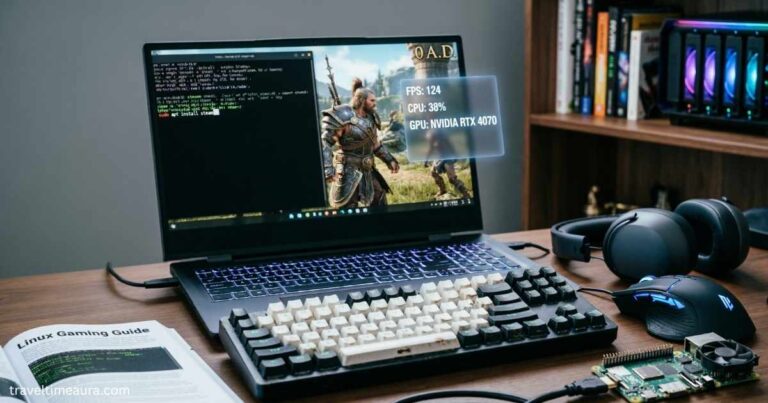 Linux gaming setup with tech tools on screen.